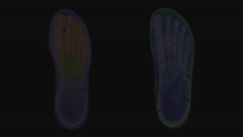 Video showing the bones of two feet inside a traditional, narrow shoe outline - the toes spread out as the shoe outline expands into the shape of a barefoot shoe.