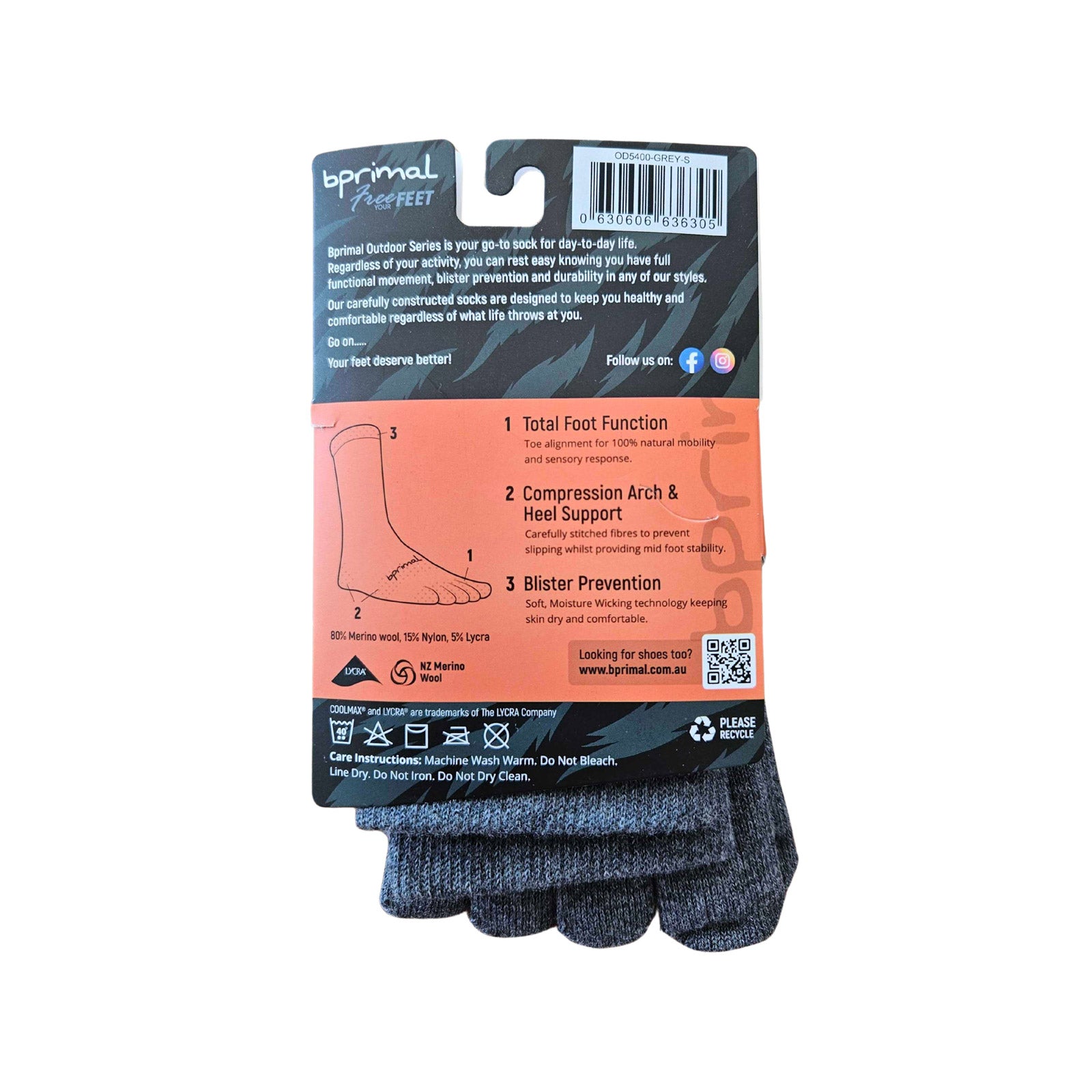 Bprimal Outdoor Merino Five-Toe Socks - Crew - Grey