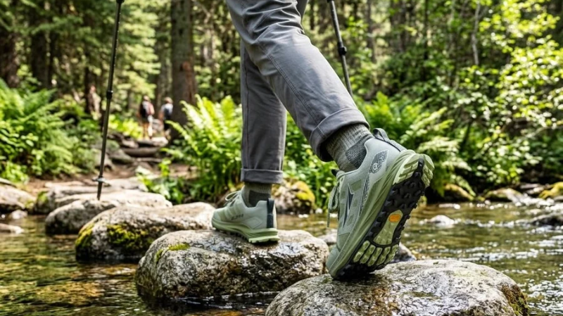 Hiker in minimalist shoes walking across rocks on a forest trail, demonstrating natural foot movement and balance.