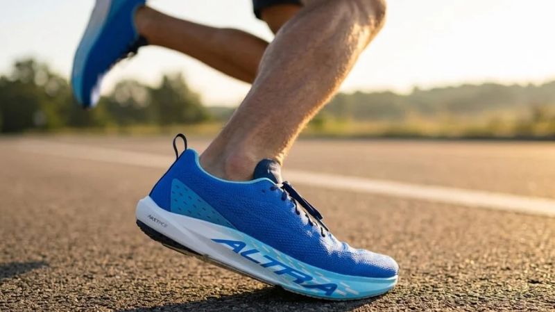 Runner wearing blue Altra Vanish Pulse blue running shoes on the road, featuring a foot-shaped toe box and cushioned sole.