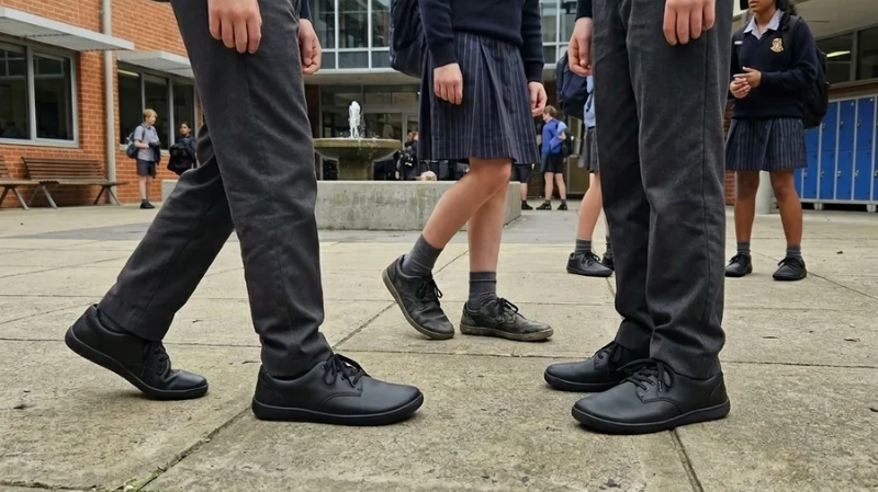 Students wearing Bprimal Oxford Black Leather unisex barefoot school shoes with flexible soles in a school courtyard.