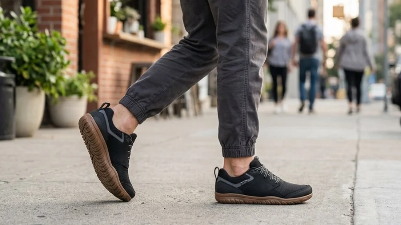 Person walking along a city street wearing Lems Primal Zen Cobra (Unisex) barefoot shoes, highlighting flexible zero drop footwear for natural movement and everyday comfort.