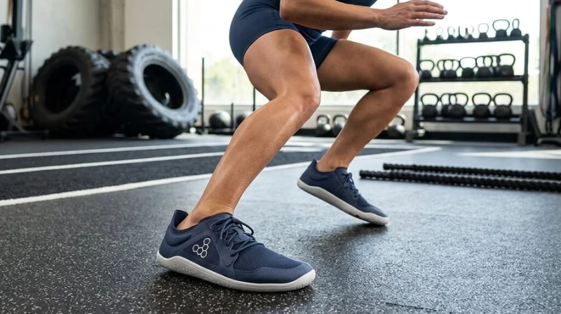 Woman training in Vivobarefoot Primus Lite IV Womens Midnight barefoot shoes during a gym workout.