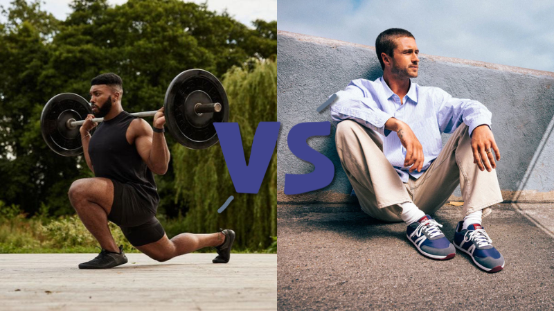 Split image showing Xero Shoes used for strength training (man doing weighted lunges outdoors) vs Vivobarefoot (worn casually by man in an urban setting) highlighting performance vs lifestyle use in Melbourne.