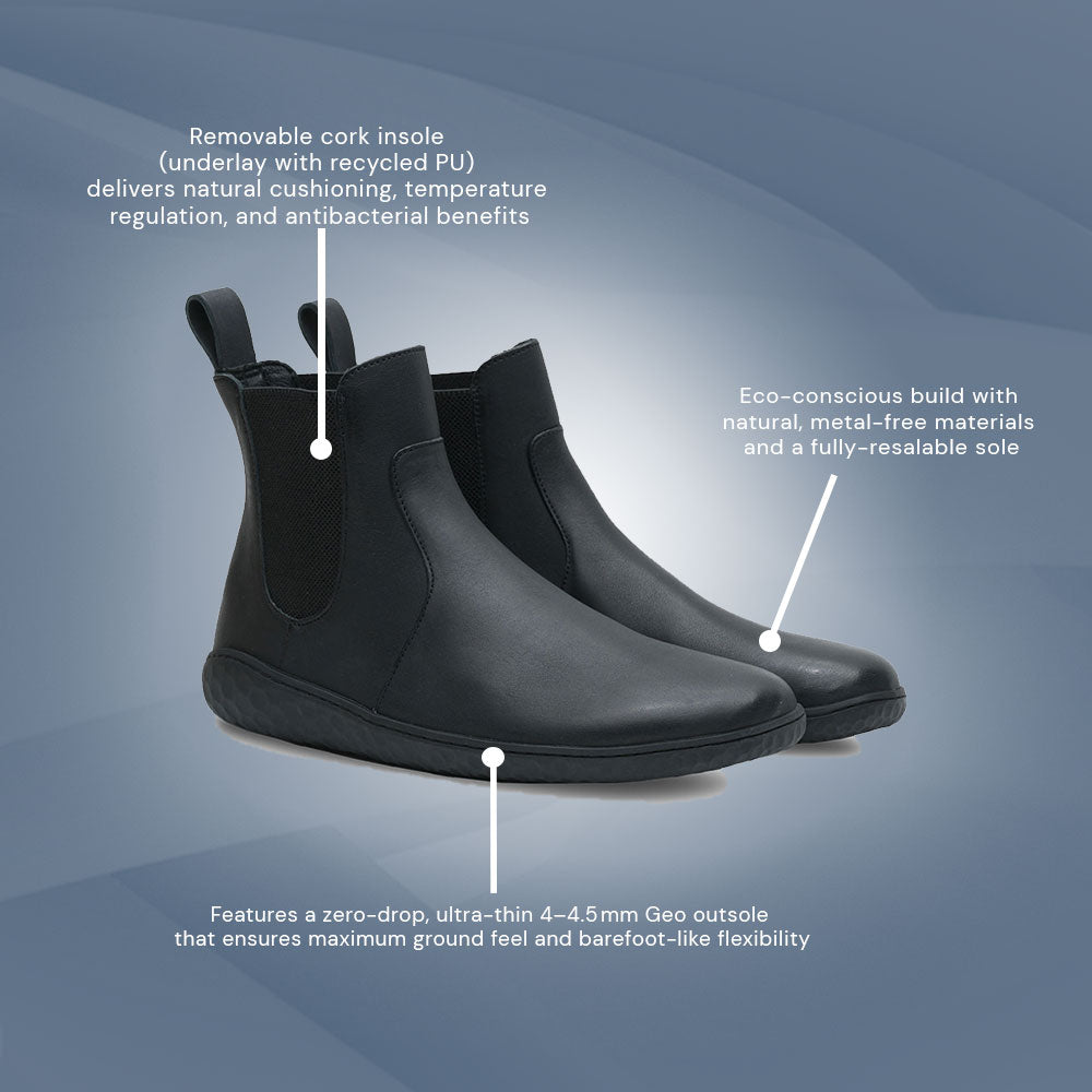 VivoBarefoot Women's Geo Chelsea Barefoot Leather Boots Obsidian 201057-01 VivoBarefoot Women's Geo Chelsea Barefoot Leather Boots Obsidian 201057-01