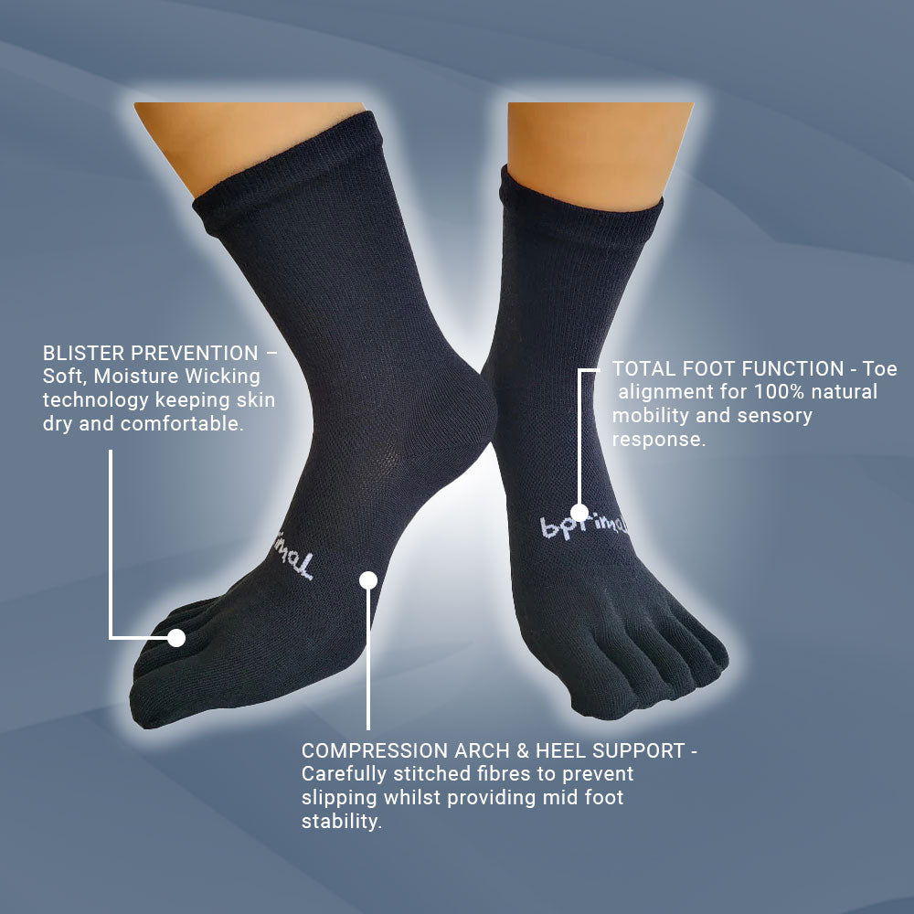 Bprimal Everyday Five-Toe Socks - Crew - Regular Weight - Black - bprimal