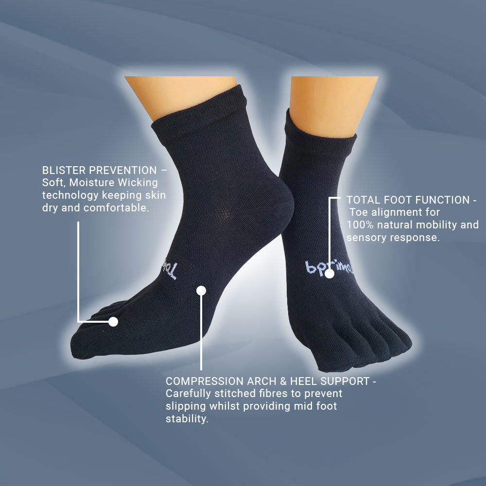 Bprimal Everyday Five-Toe Socks - Mini-Crew - Regular Weight - Black - bprimal