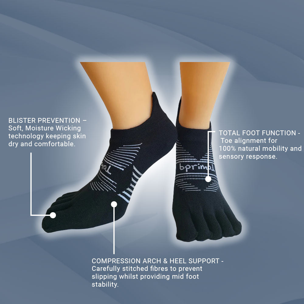 Bprimal Performance Five-Toe Socks - Regular Weight - No-Show - Black - bprimal