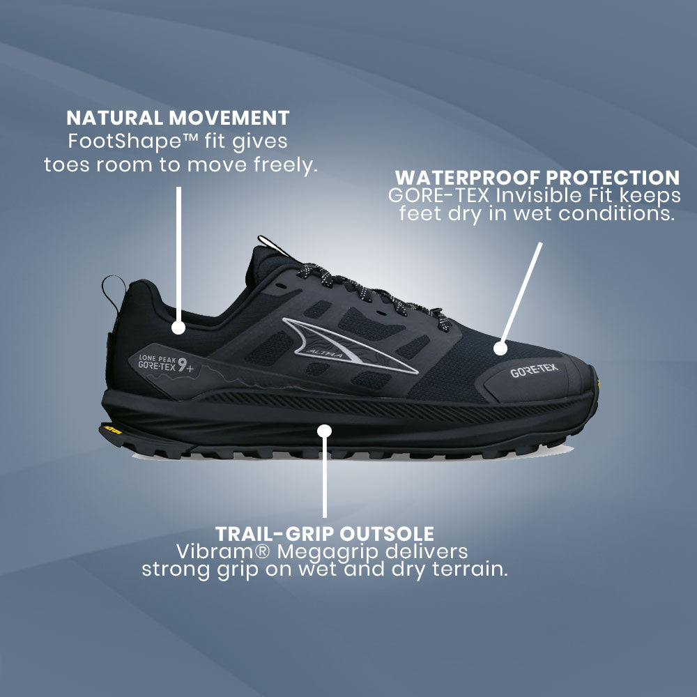 Altra - Lone Peak 9+ GTX Waterproof- Black/Black - Womens