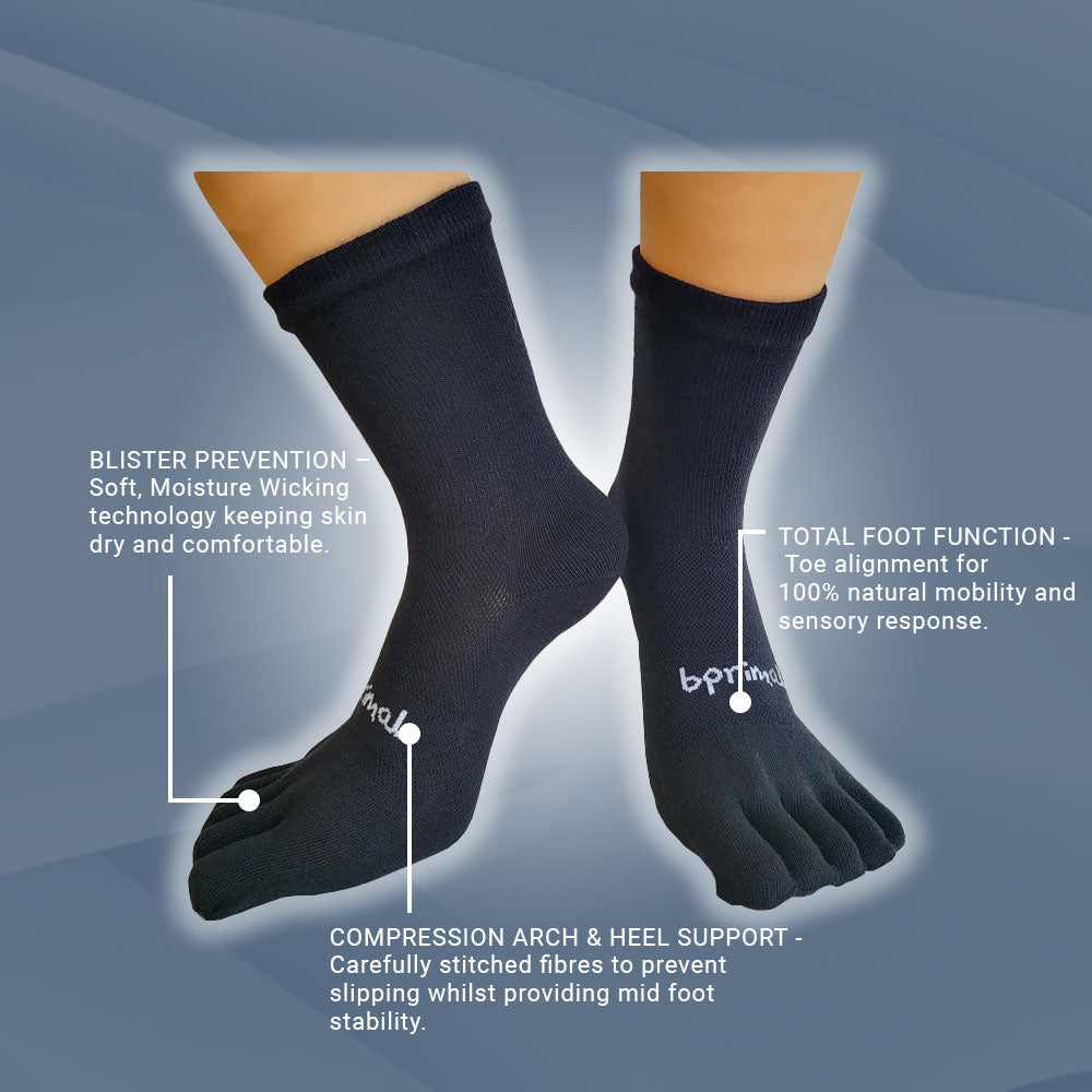 Bprimal YOUTH Everyday Five-Toe Socks - Crew - Regular Weight - Black - bprimal