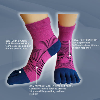 Bprimal Performance Five-Toe Socks - Womens - Regular Weight - Mini-Crew - Pink/Navy - bprimal