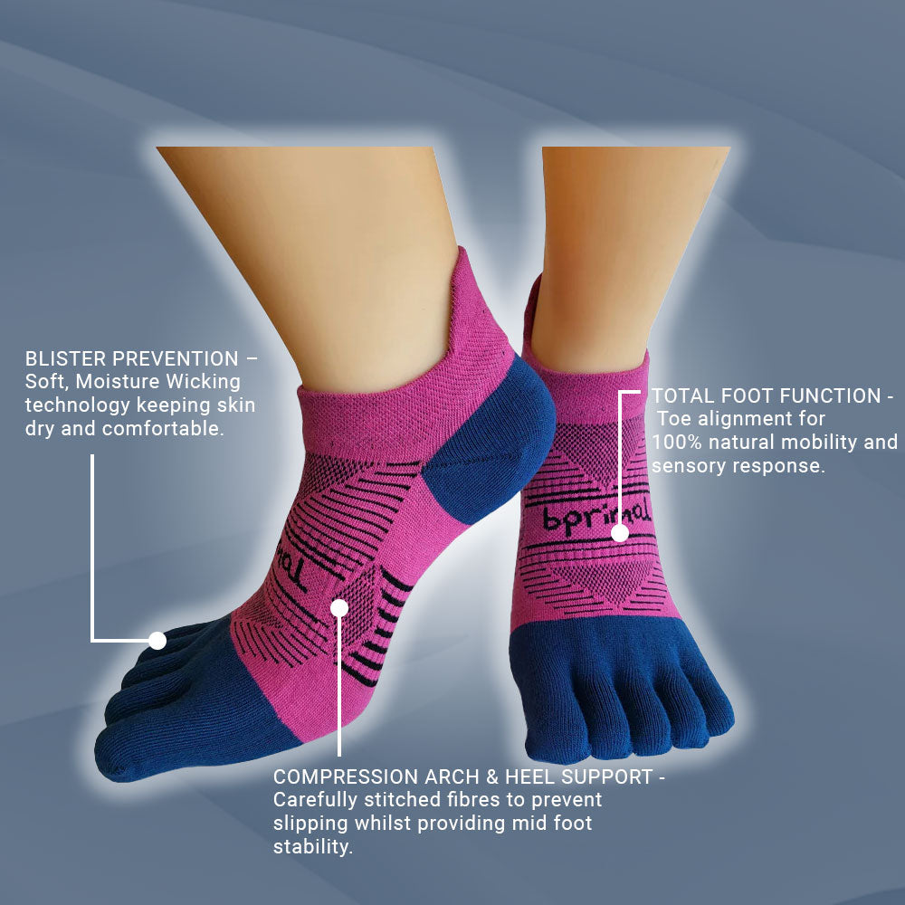 Bprimal Performance Five-Toe Socks - Womens - Regular Weight - No-Show - Pink/Navy - bprimal