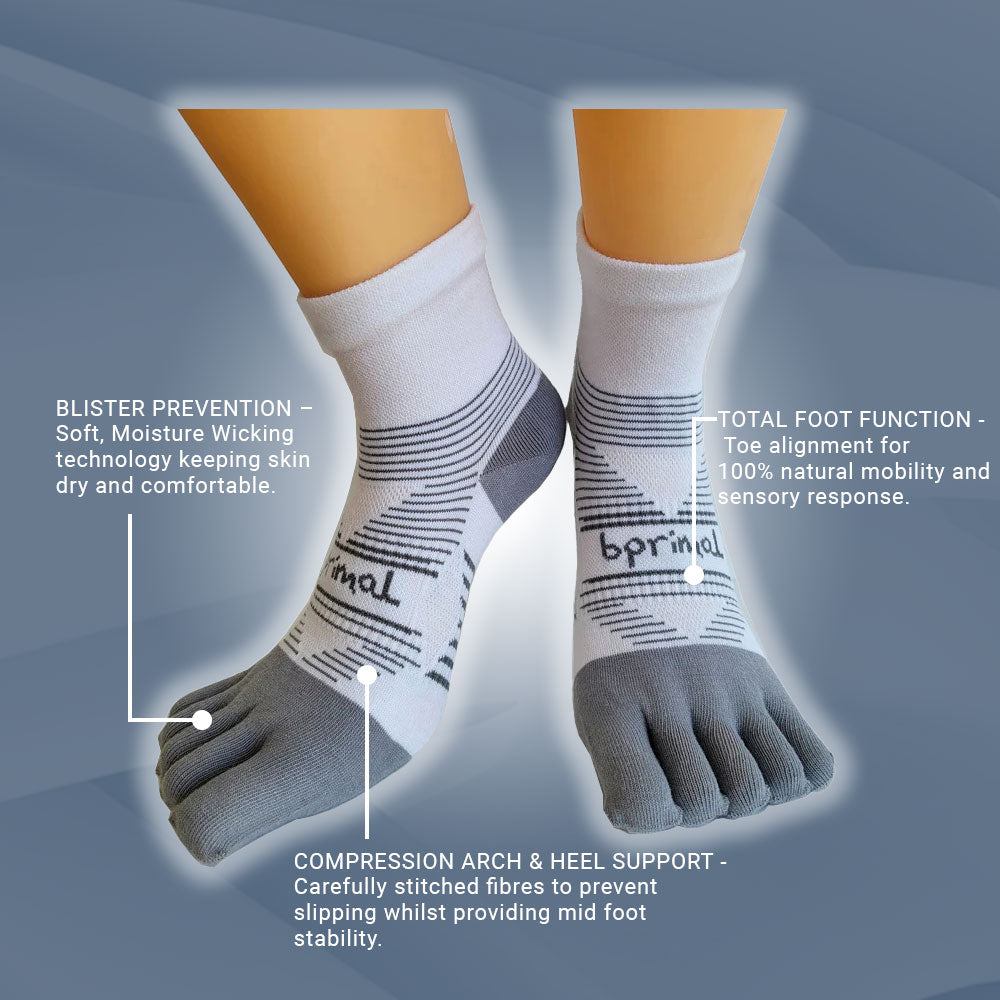 Bprimal Performance Five-Toe Socks - Regular Weight - Mini-Crew - White - bprimal