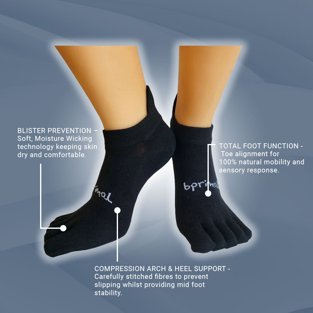 Bprimal YOUTH Everyday Five-Toe Socks - No-Show - Regular Weight - Black - bprimal