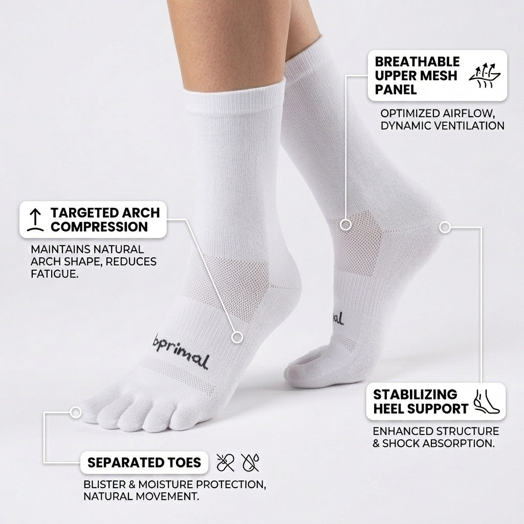 Bprimal Everyday Five-Toe Socks - Crew - Regular Weight - White